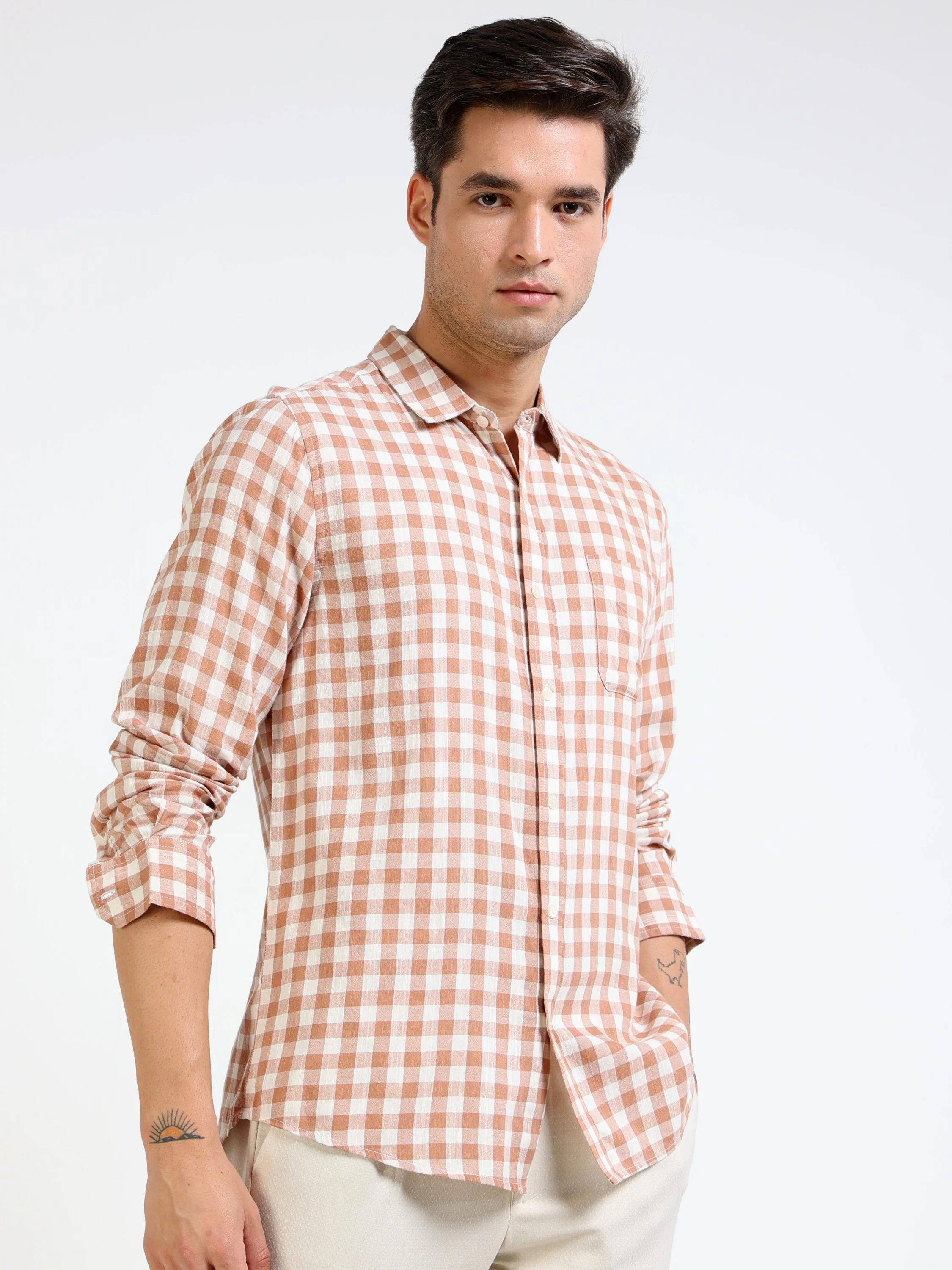 Men Brown & White Check Shirt - Image 5