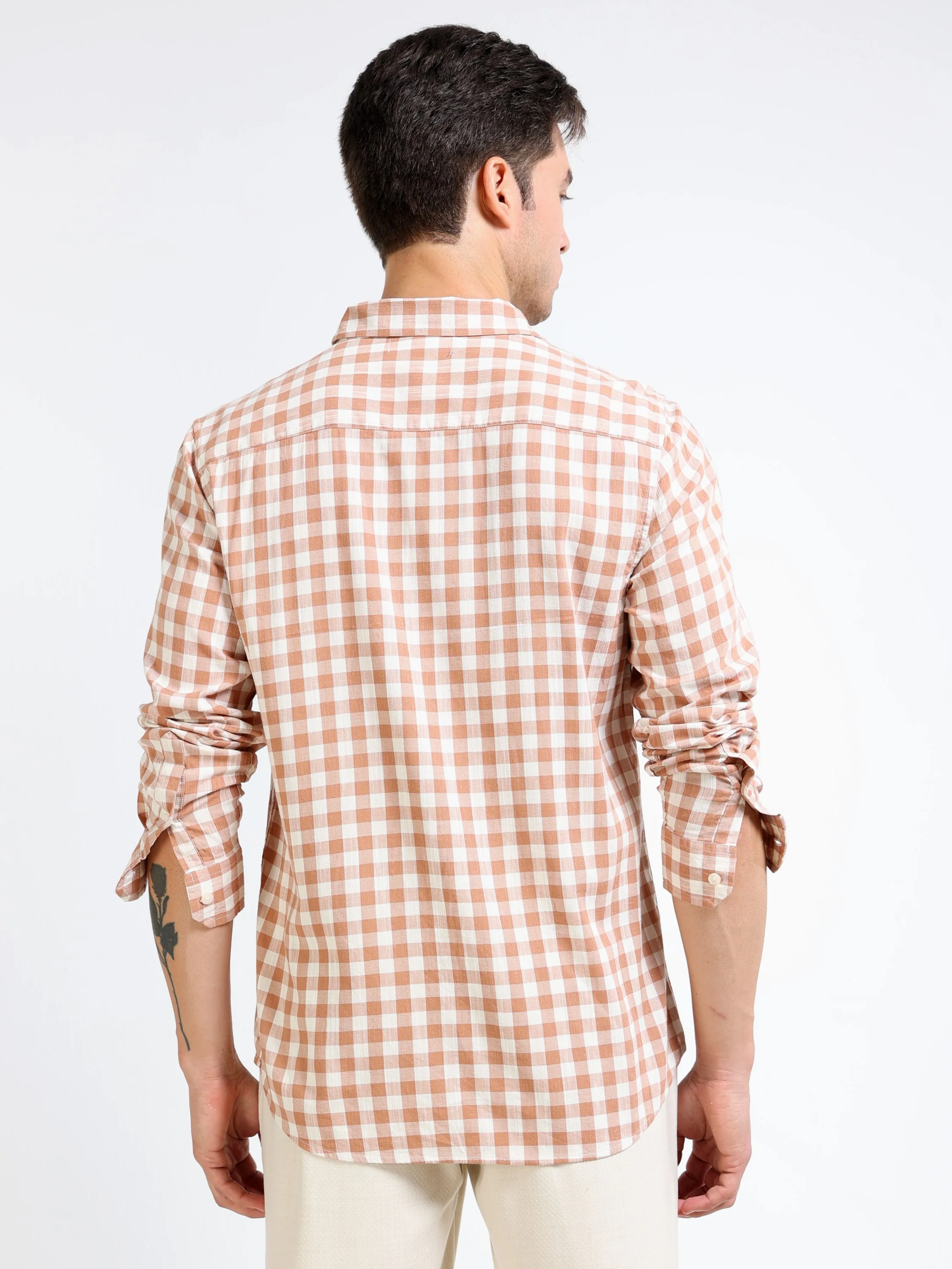 Men Brown & White Check Shirt - Image 6