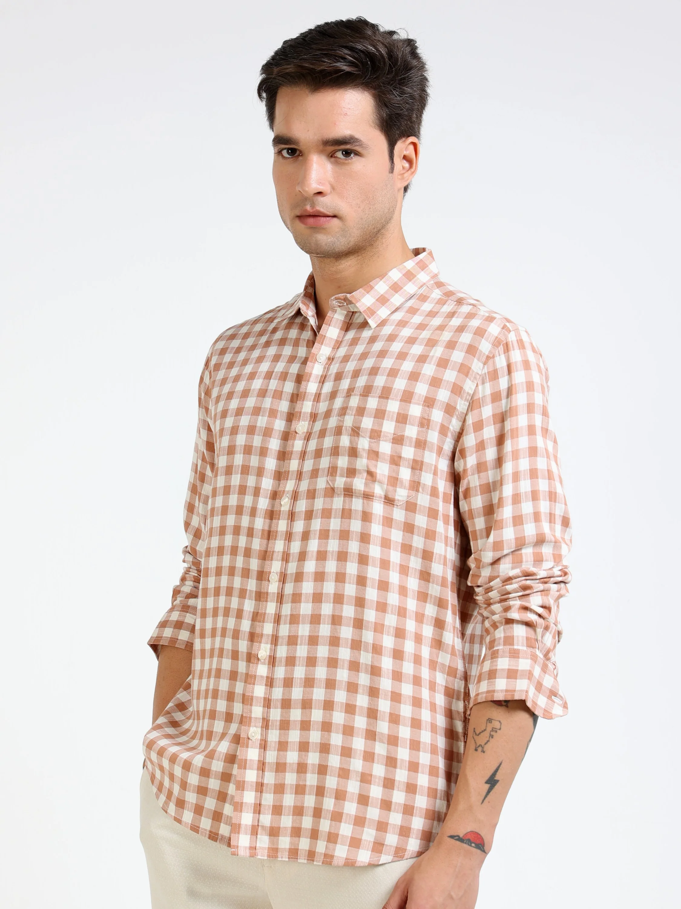 Men Brown & White Check Shirt - Image 7