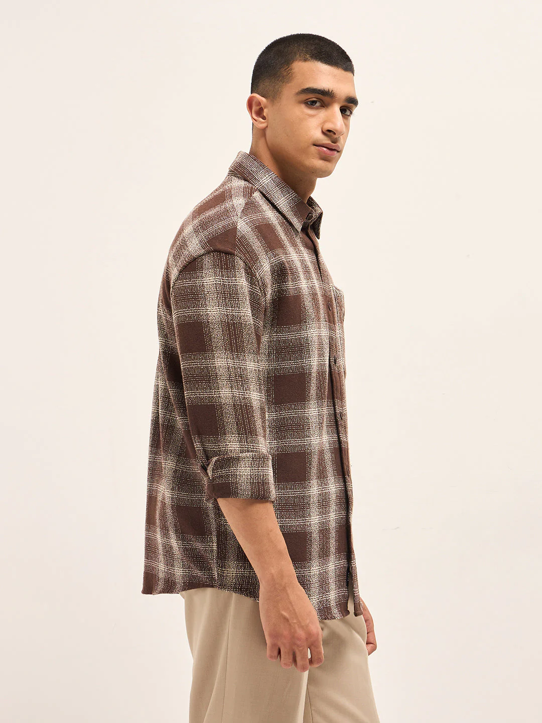Men Brown Woven Checked Design Relax Fit Casual Shirt - Image 3