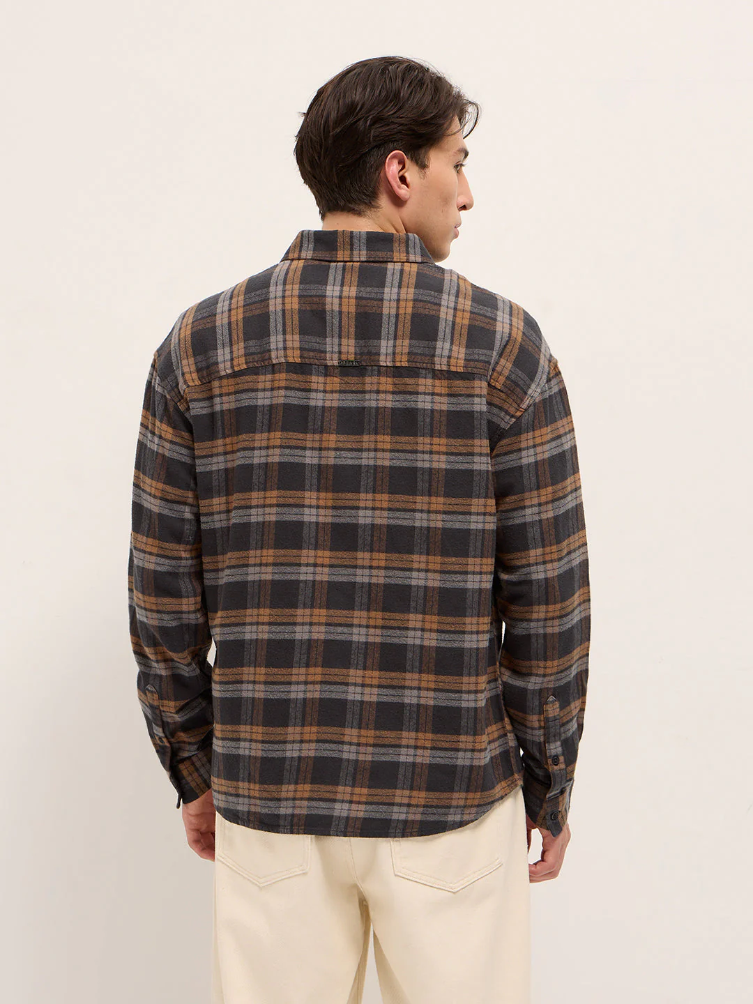 Men Brown Woven Checked Design Relax Fit Overshirt - Image 2