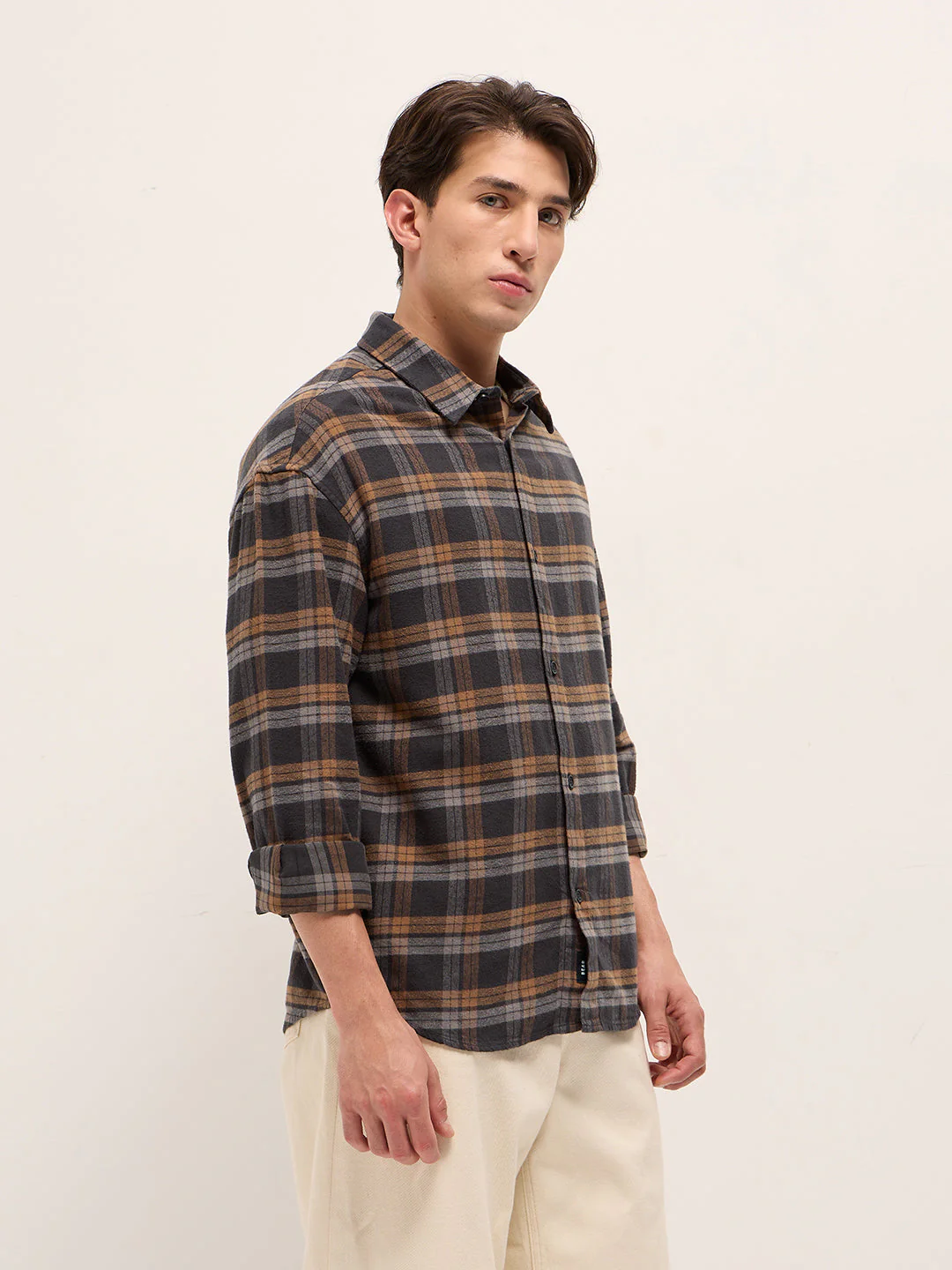 Men Brown Woven Checked Design Relax Fit Overshirt - Image 3