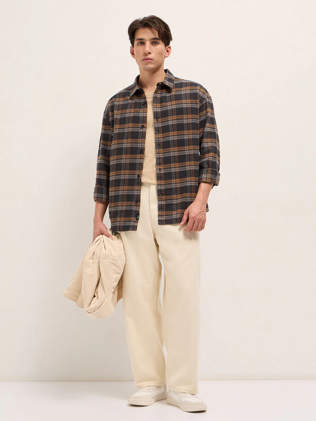Men Brown Woven Checked Design Relax Fit Overshirt - Image 4