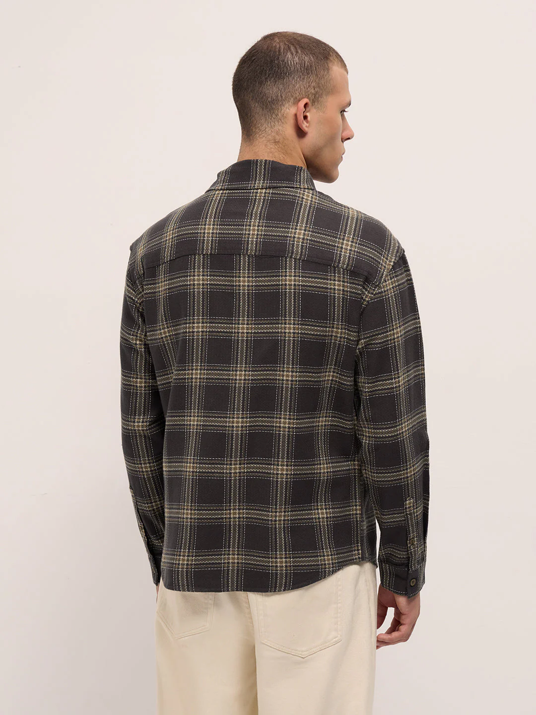 Men Brown Woven Checked Design Relaxed Fit Overshirt - Image 2