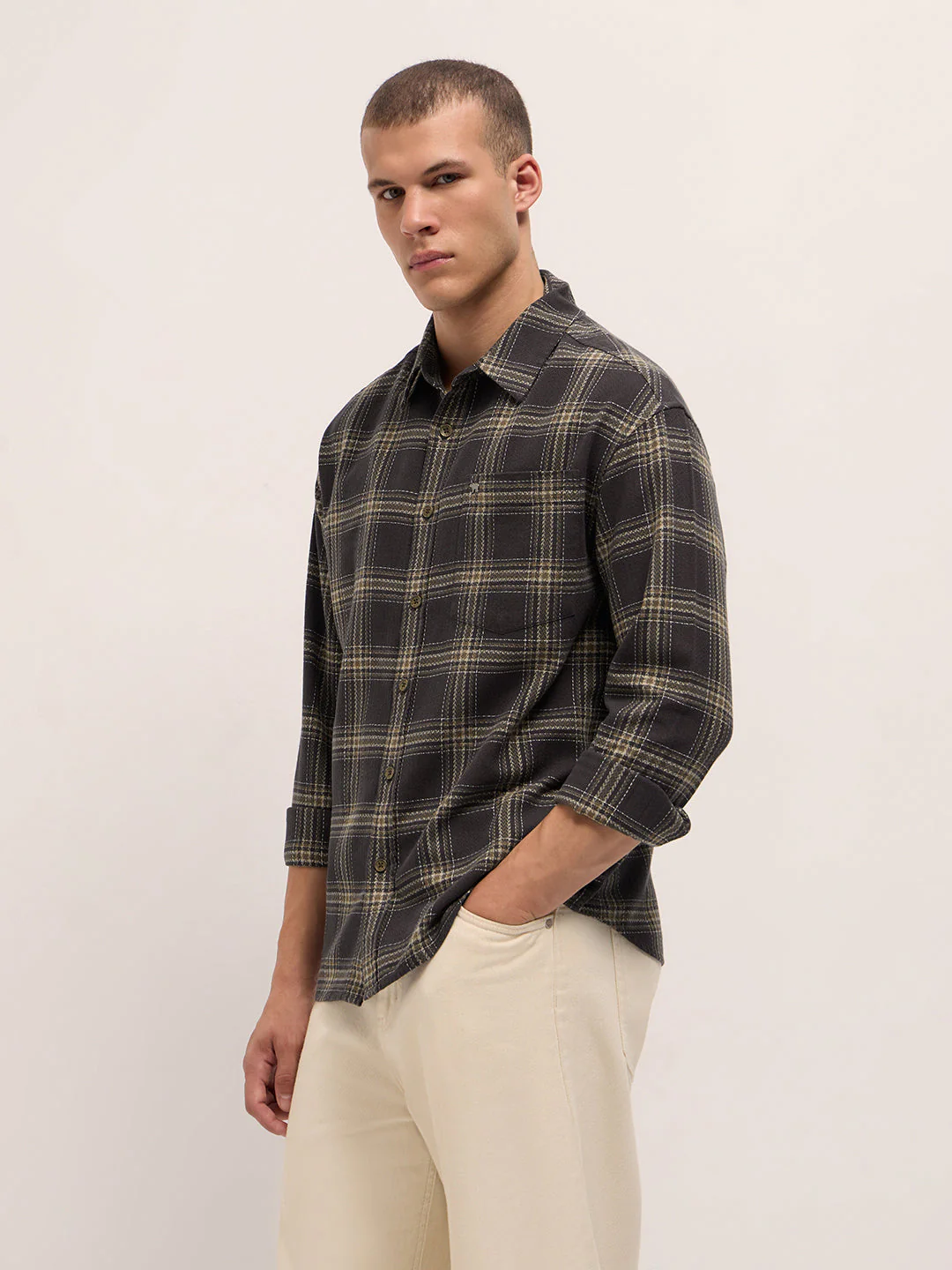 Men Brown Woven Checked Design Relaxed Fit Overshirt - Image 3