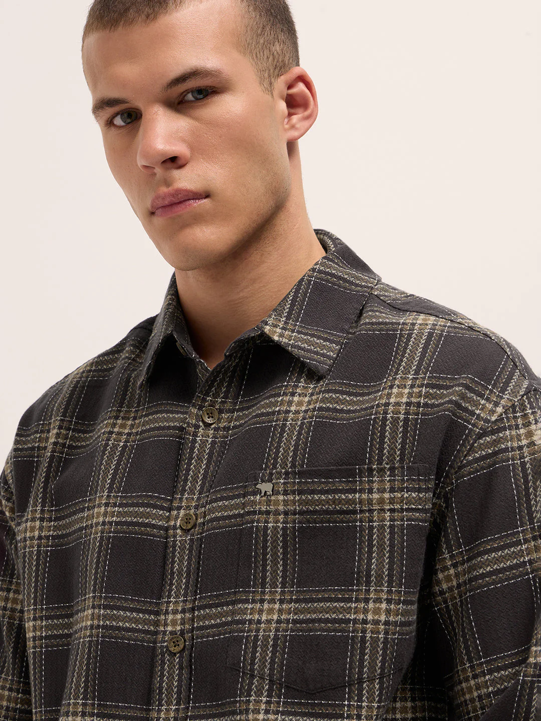 Men Brown Woven Checked Design Relaxed Fit Overshirt - Image 5