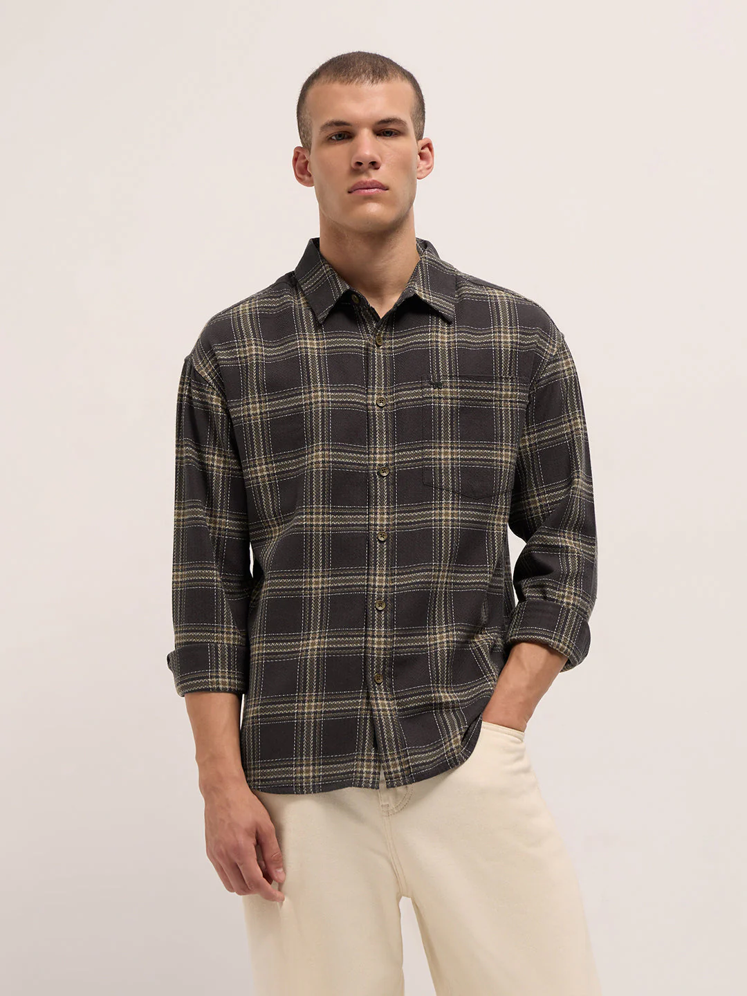 Men Brown Woven Checked Design Relaxed Fit Overshirt - Image 6