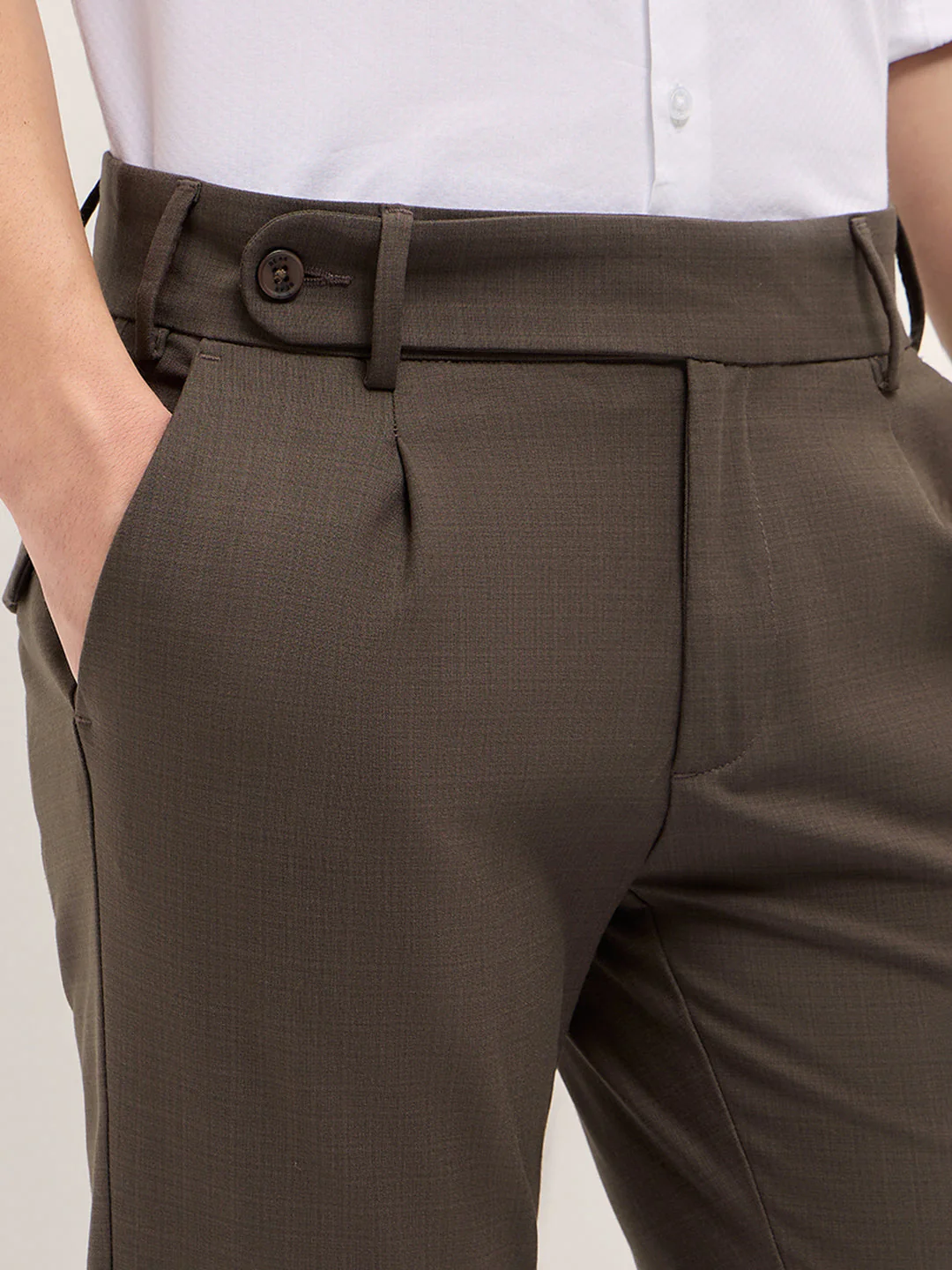 Men Brown Woven Checked Regular Fit Formal Trousers - Image 5