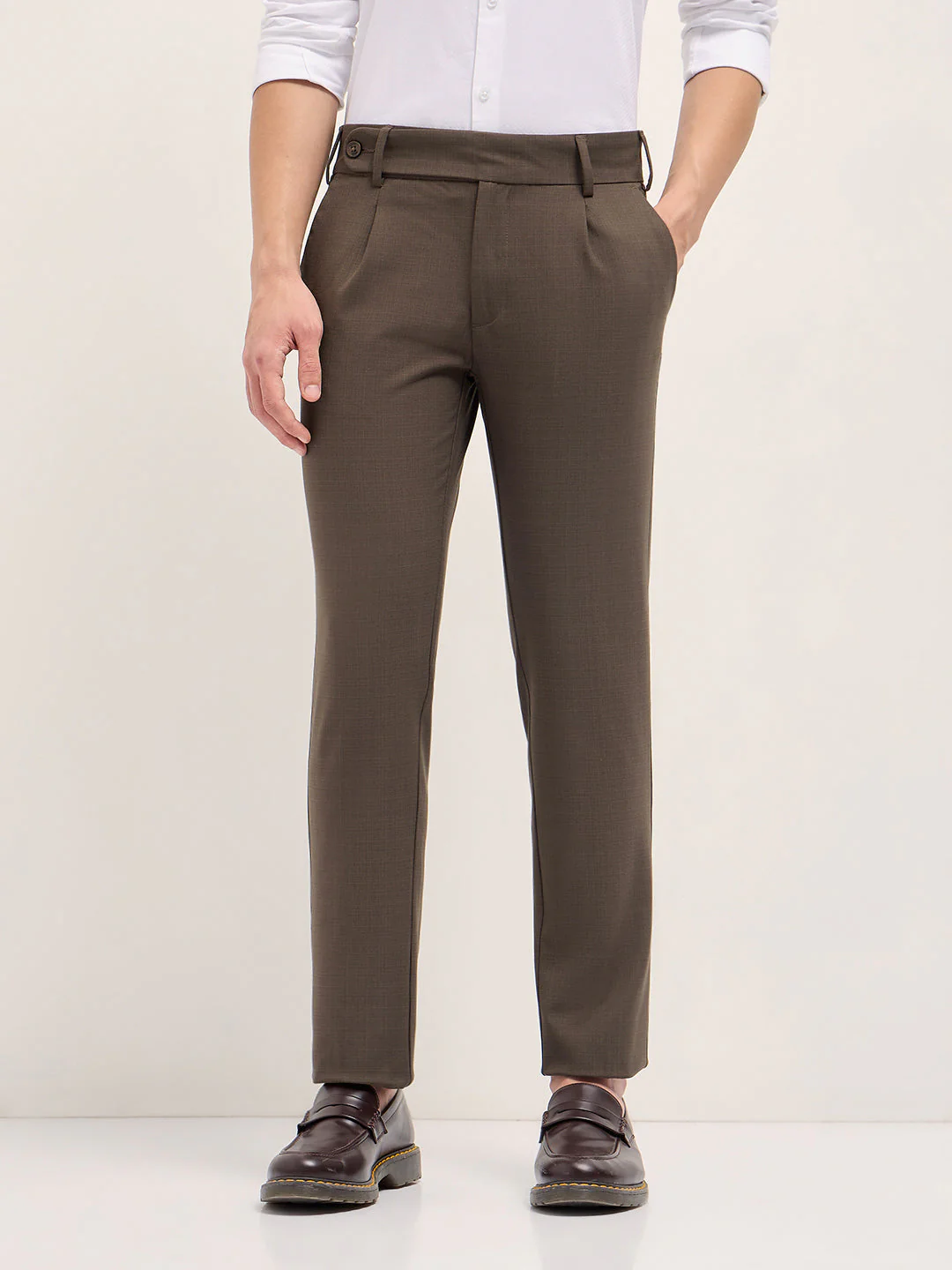 Men Brown Woven Checked Regular Fit Formal Trousers - Image 7