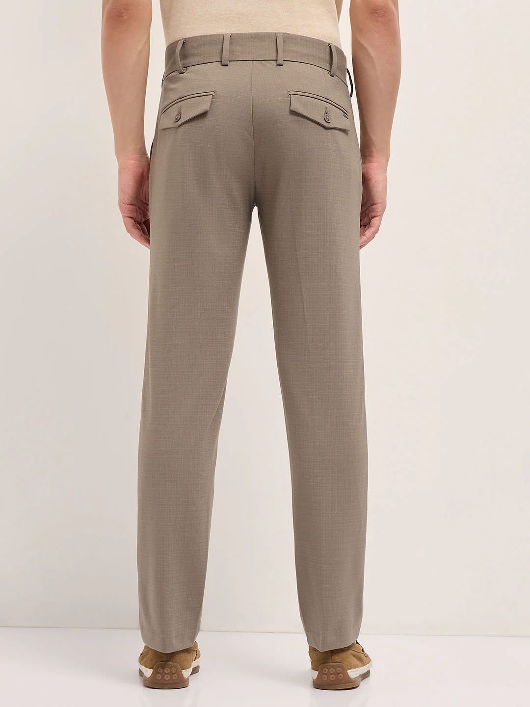 Men Brown Woven Checked Regular Fit Formal Trousers - Image 2