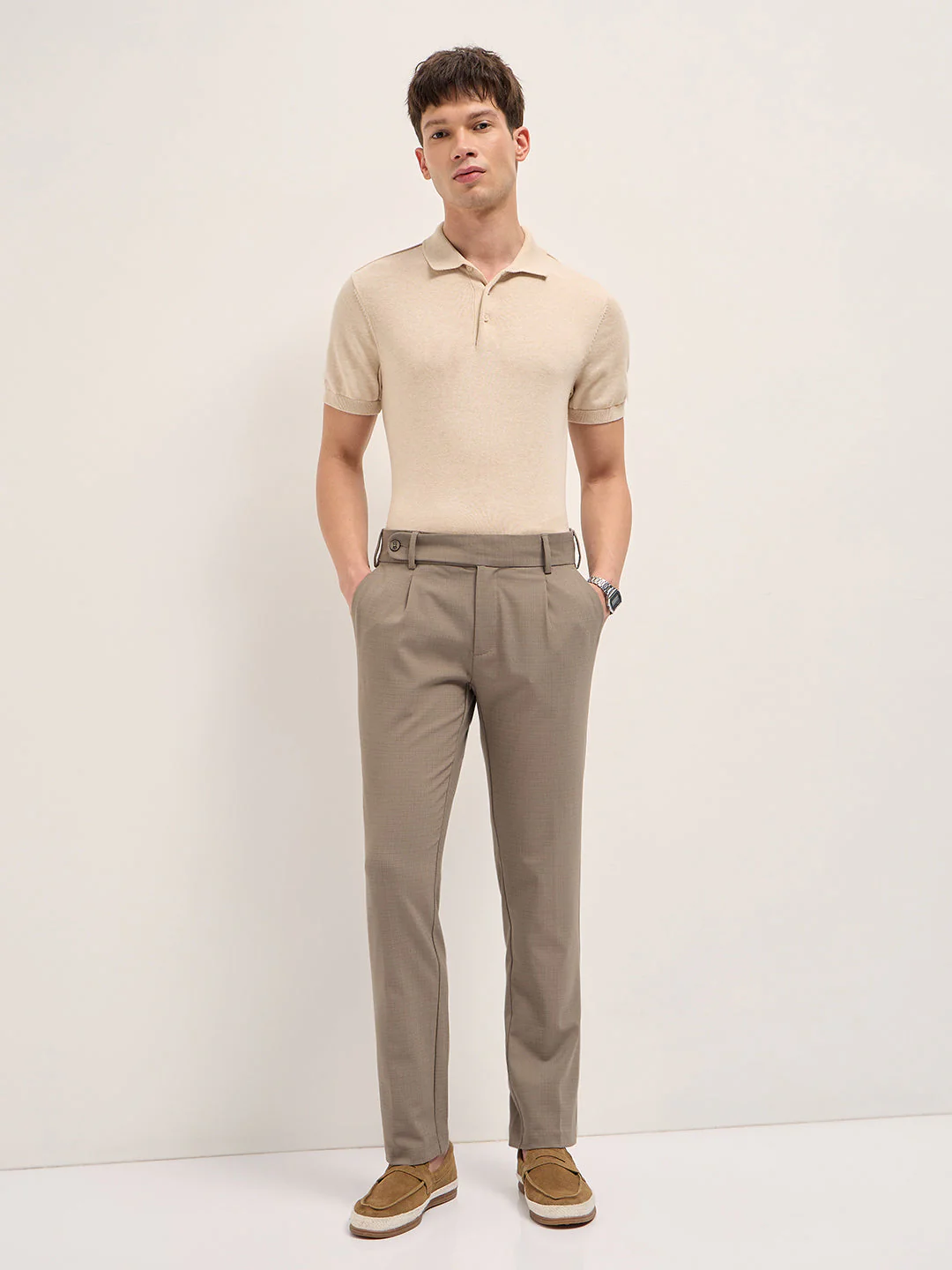 Men Brown Woven Checked Regular Fit Formal Trousers - Image 4
