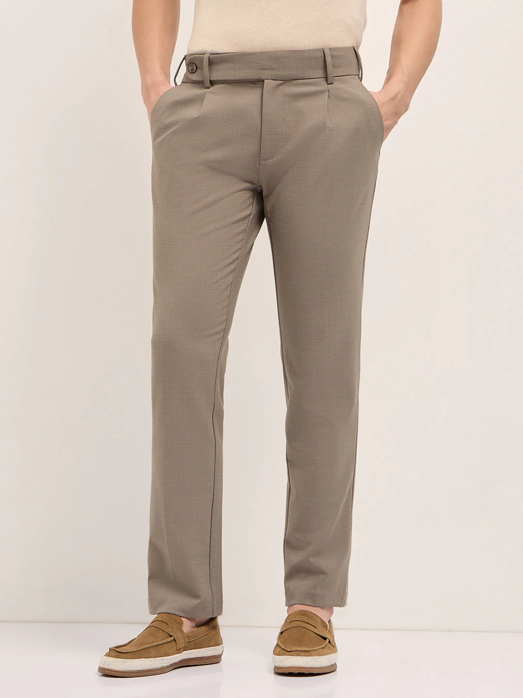 Men Brown Woven Checked Regular Fit Formal Trousers - Image 7