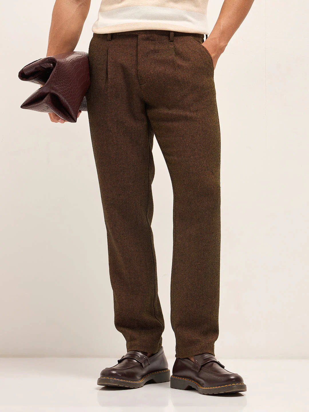 Men Brown Woven Design Regular Fit Formal Trouser