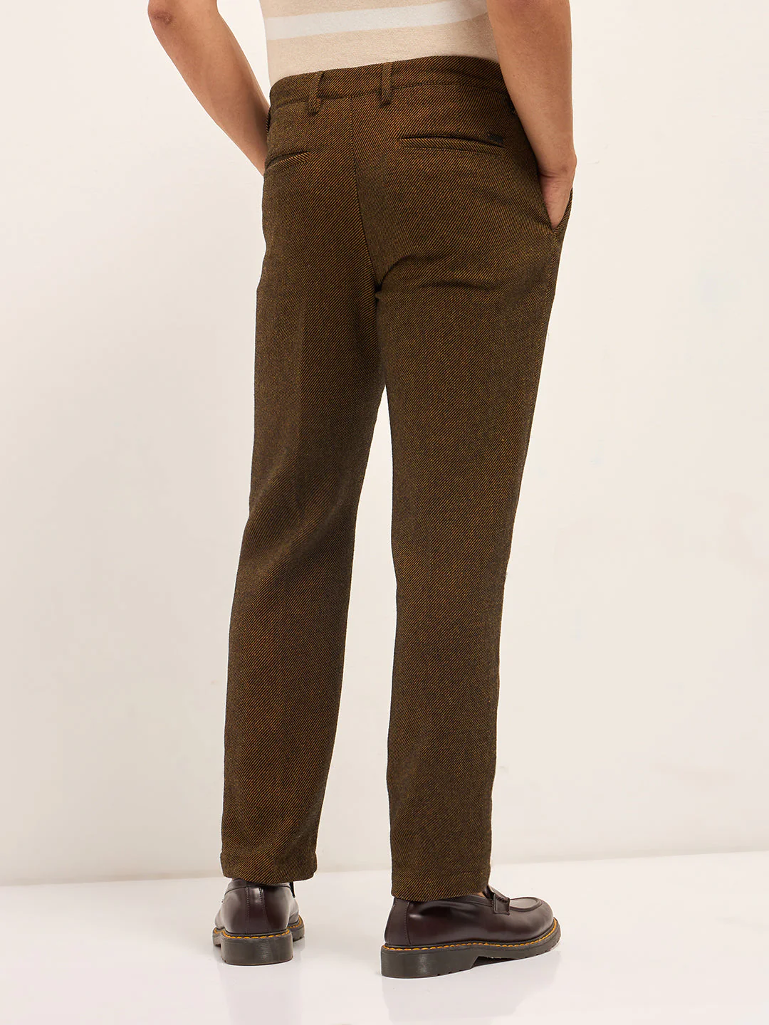 Men Brown Woven Design Regular Fit Formal Trouser - Image 2