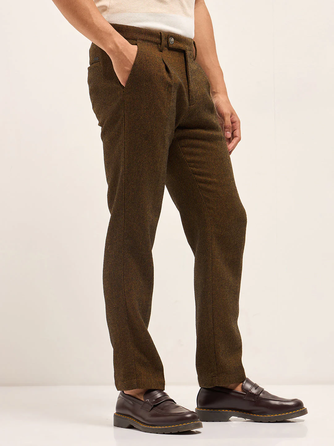 Men Brown Woven Design Regular Fit Formal Trouser - Image 3