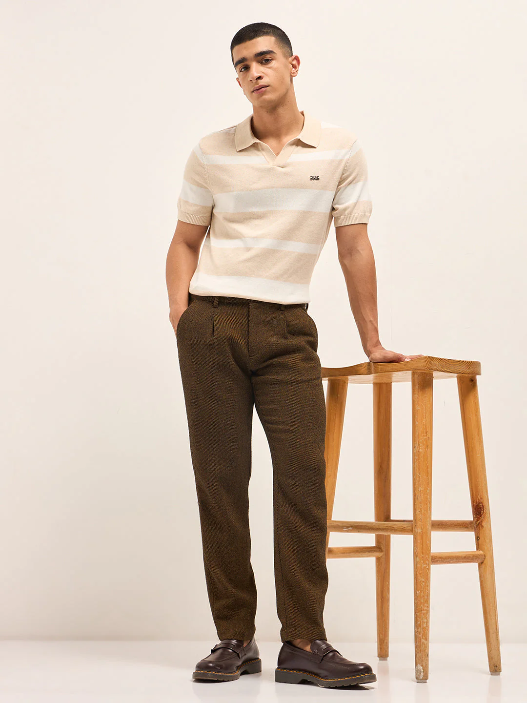Men Brown Woven Design Regular Fit Formal Trouser - Image 4