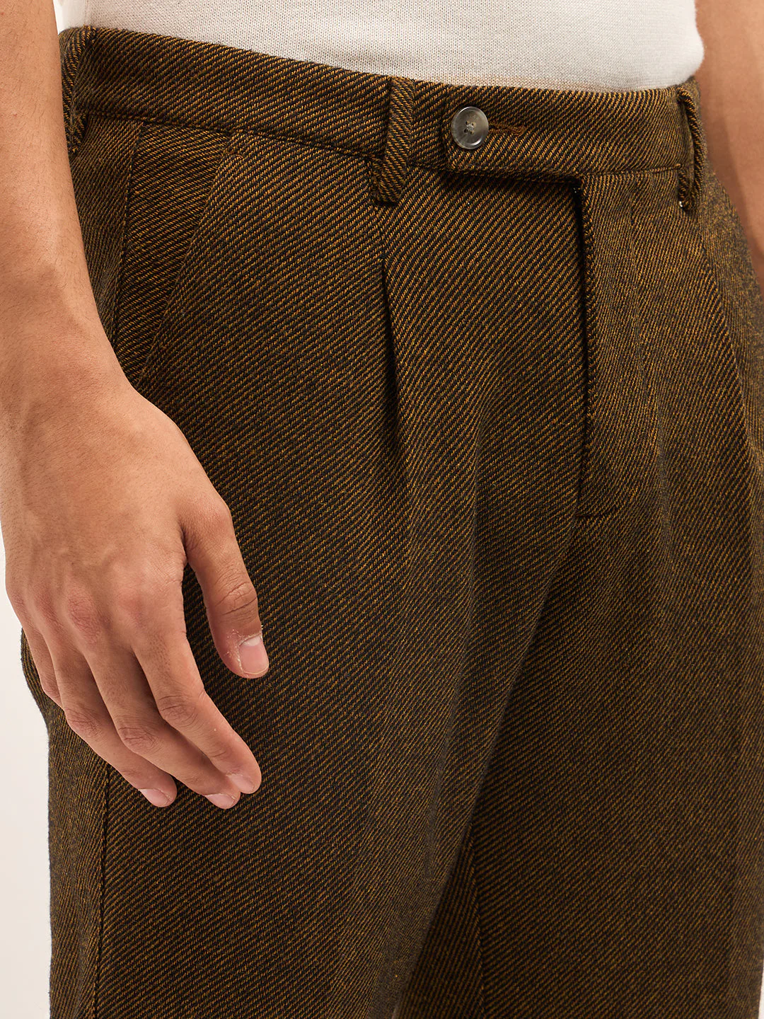 Men Brown Woven Design Regular Fit Formal Trouser - Image 5