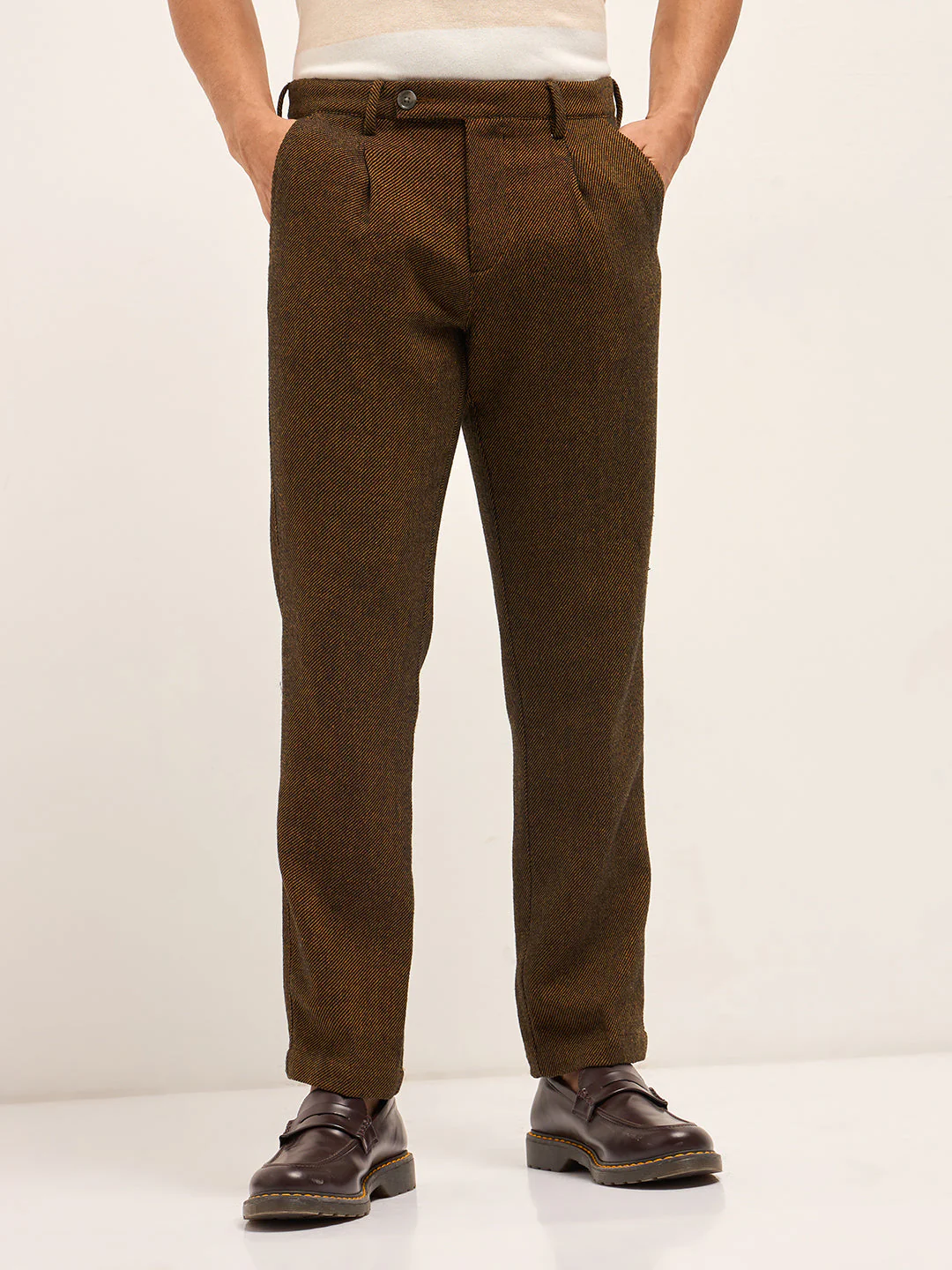 Men Brown Woven Design Regular Fit Formal Trouser - Image 7