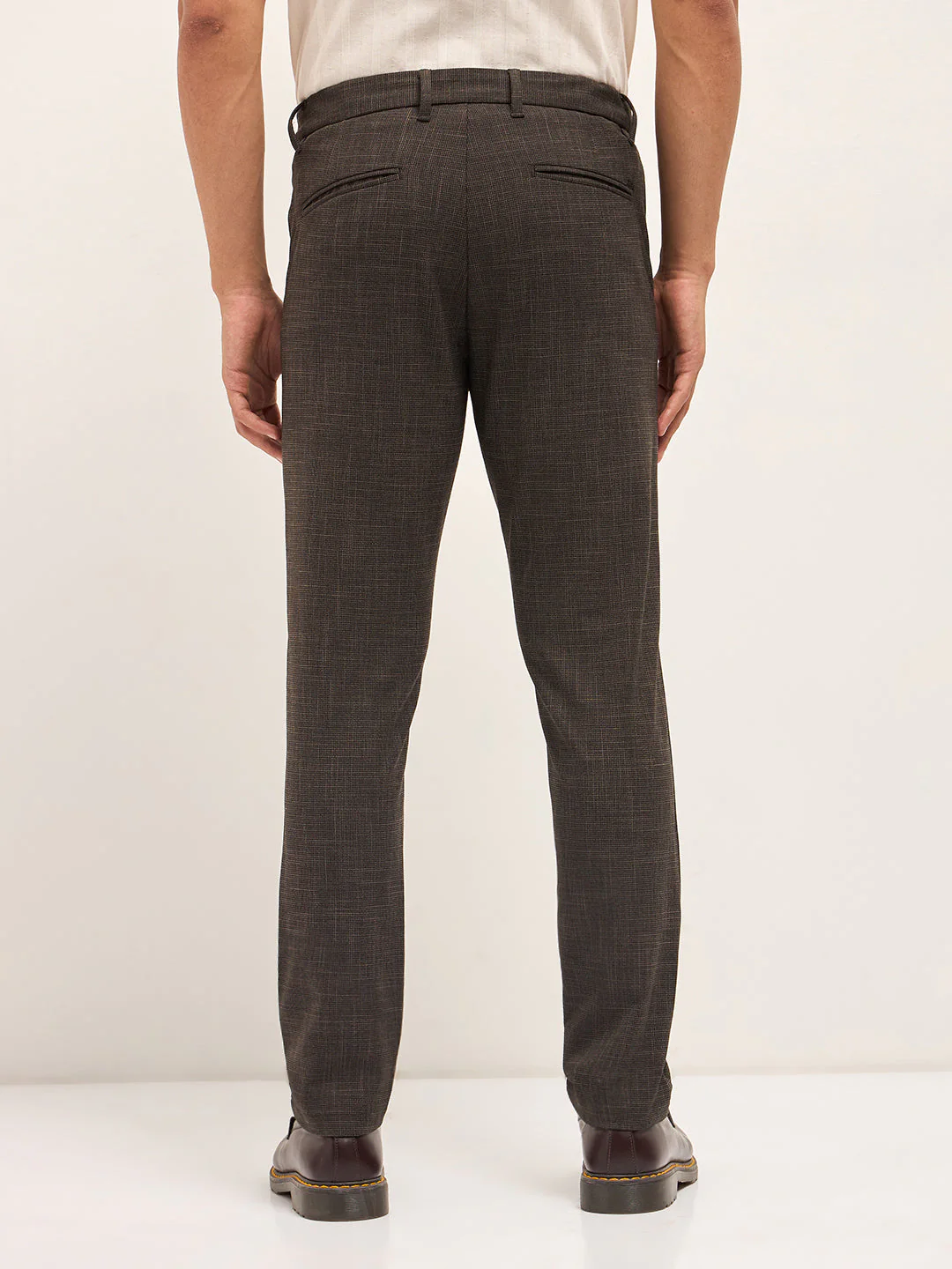 Men Brown Woven Design Slim Fit Formal Trousers - Image 2