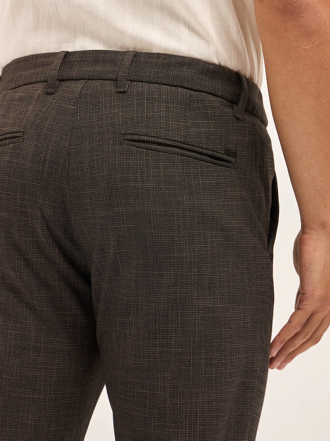 Men Brown Woven Design Slim Fit Formal Trousers - Image 6