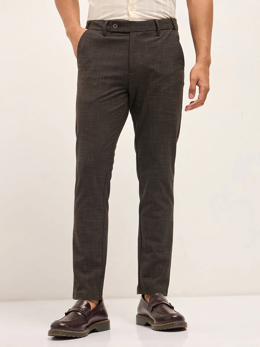 Men Brown Woven Design Slim Fit Formal Trousers - Image 7