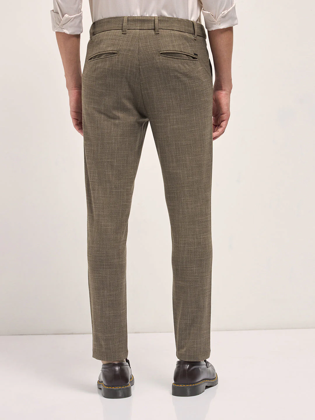 Men Brown Woven Design Slim Fit Formal Trousers - Image 2