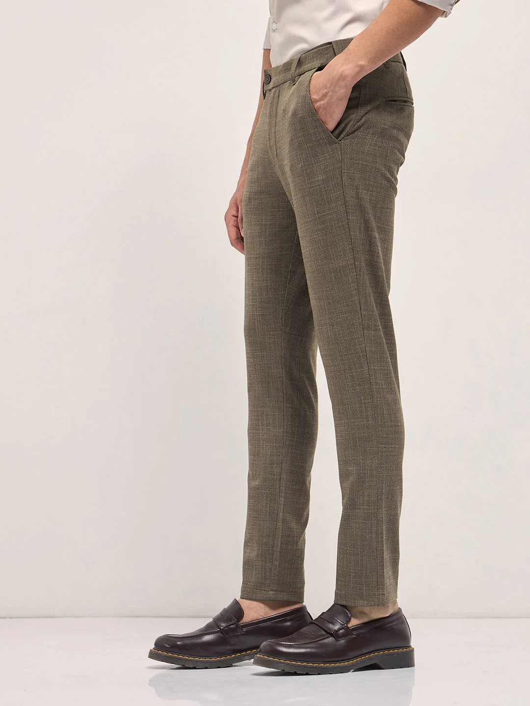 Men Brown Woven Design Slim Fit Formal Trousers - Image 3