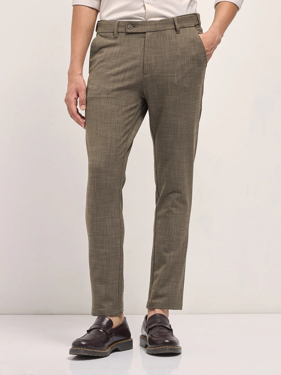 Men Brown Woven Design Slim Fit Formal Trousers - Image 6