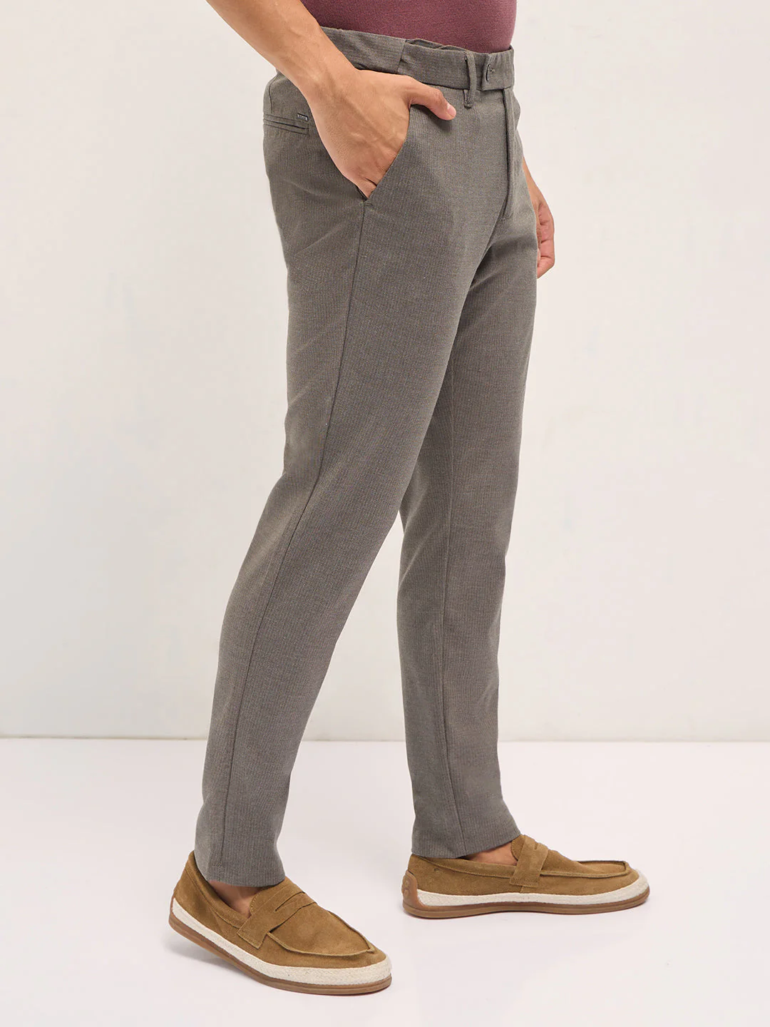 Men Brown Woven Pinstripe Slim Fit Formal Trousers - Image 3
