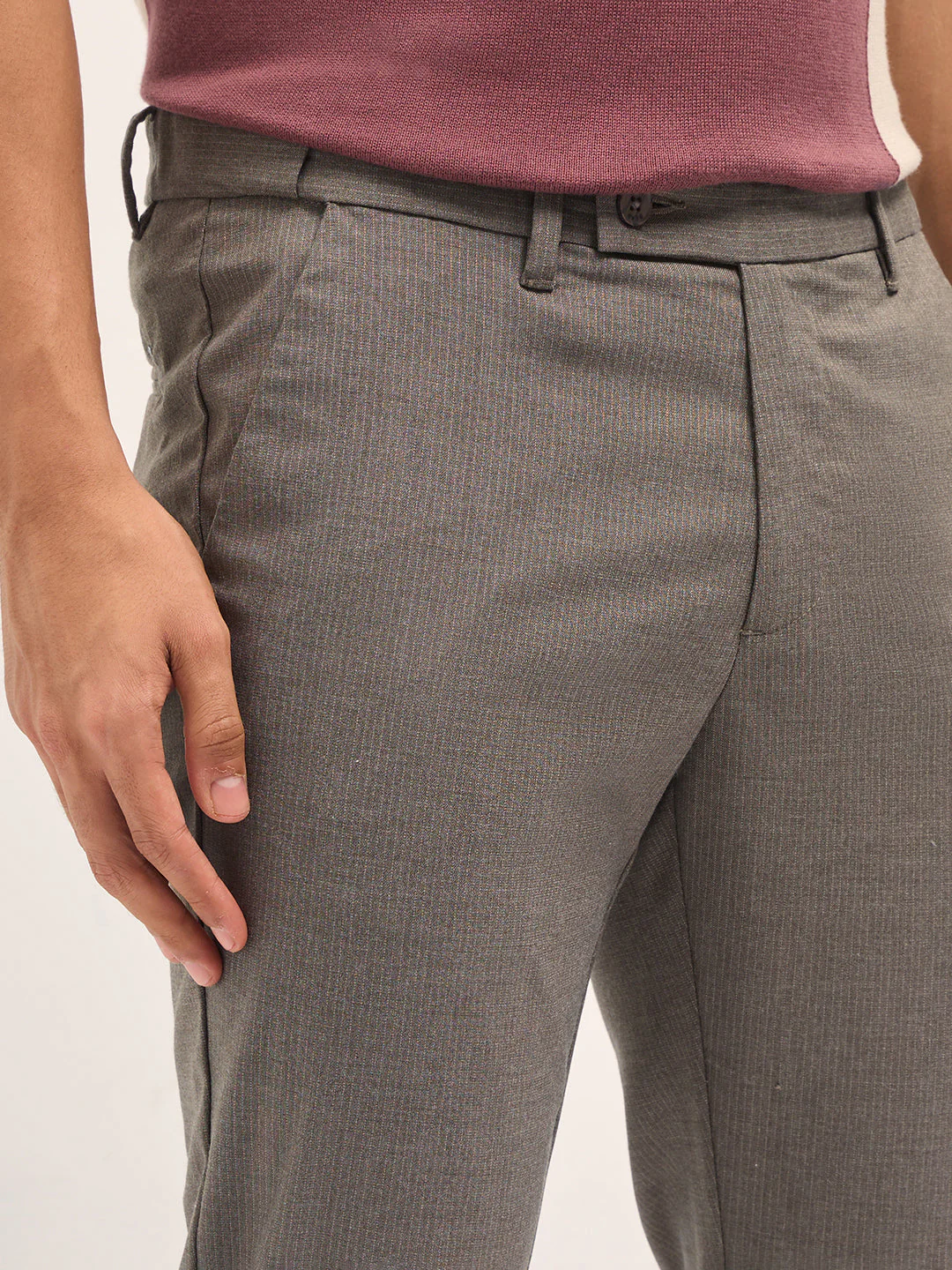 Men Brown Woven Pinstripe Slim Fit Formal Trousers - Image 5