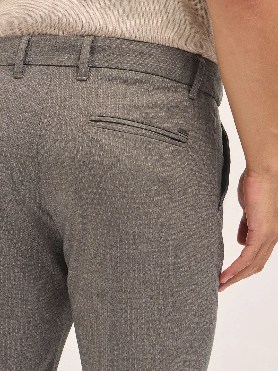 Men Brown Woven Pinstripe Slim Fit Formal Trousers - Image 6