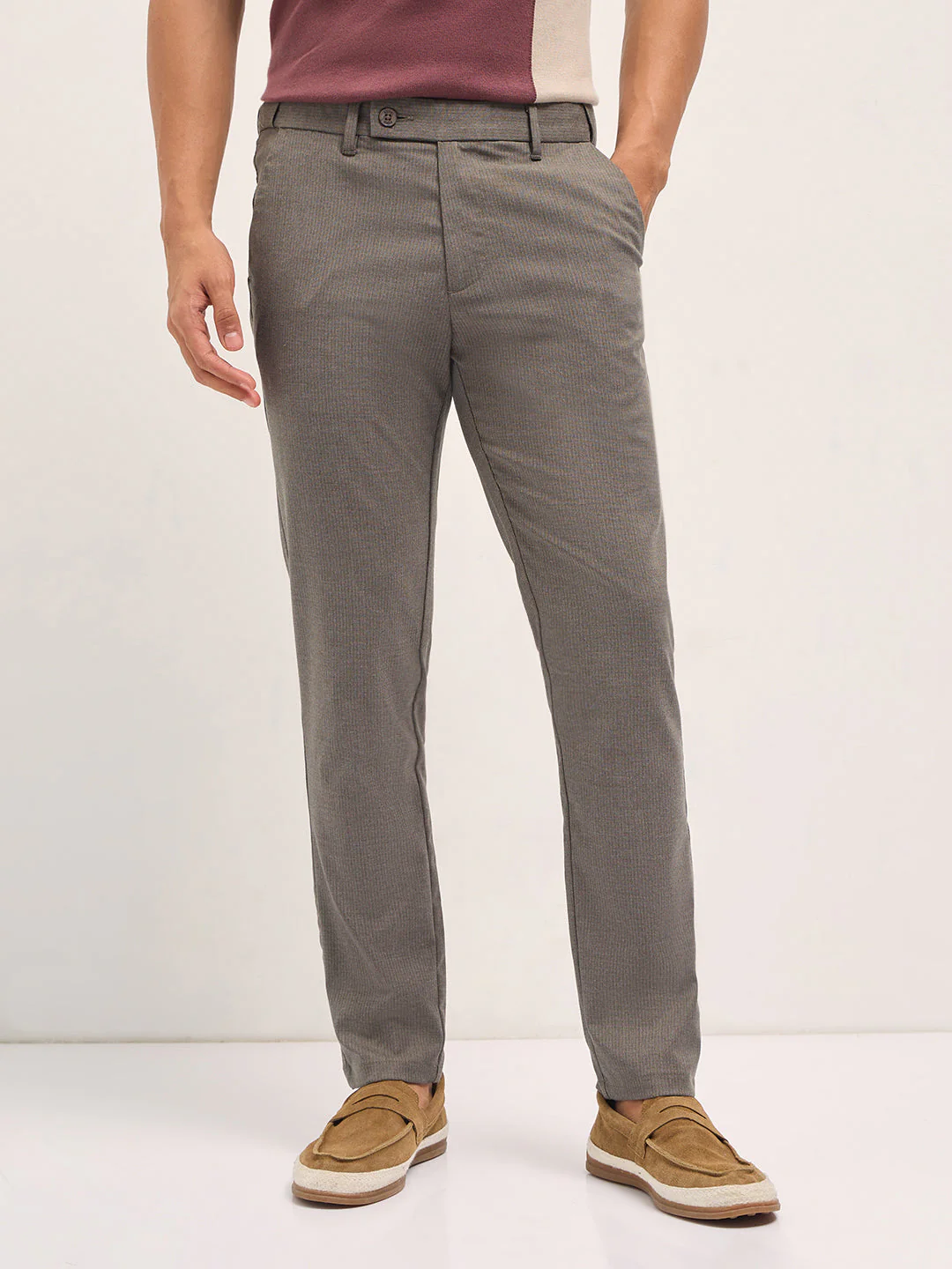 Men Brown Woven Pinstripe Slim Fit Formal Trousers - Image 7