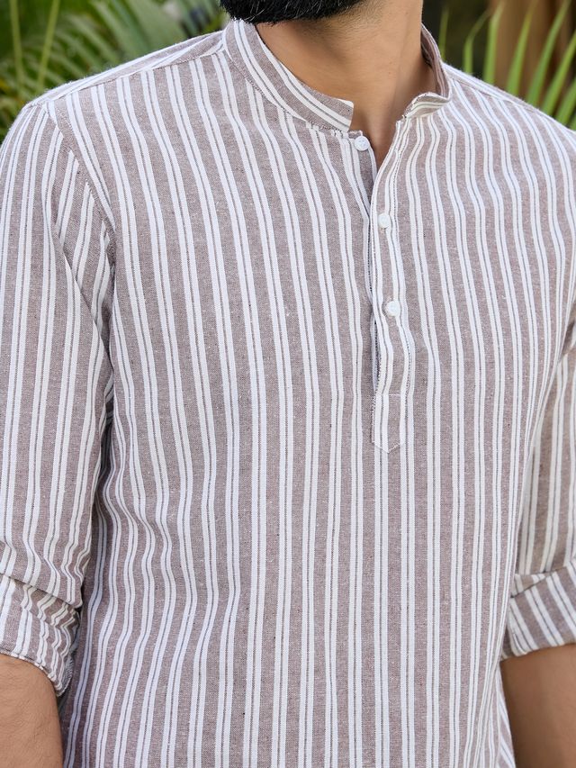 Men Brown Woven Striped Cotton Short Kurta - Image 2