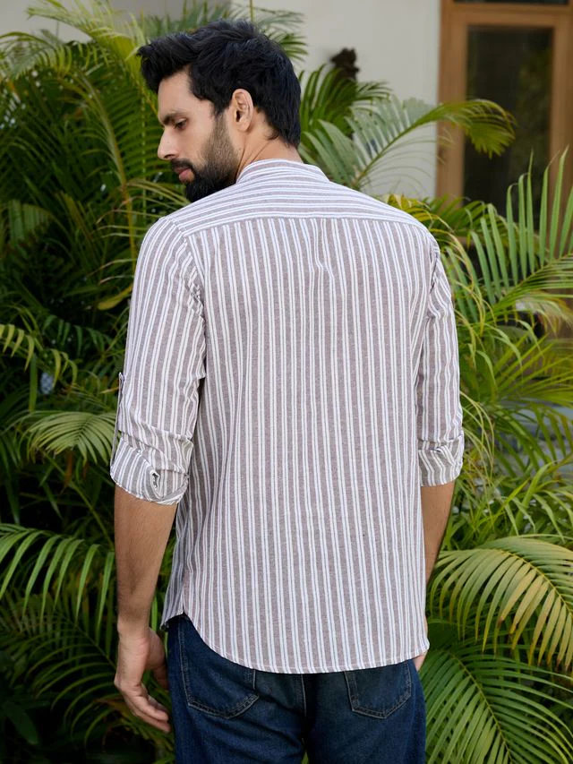 Men Brown Woven Striped Cotton Short Kurta - Image 3