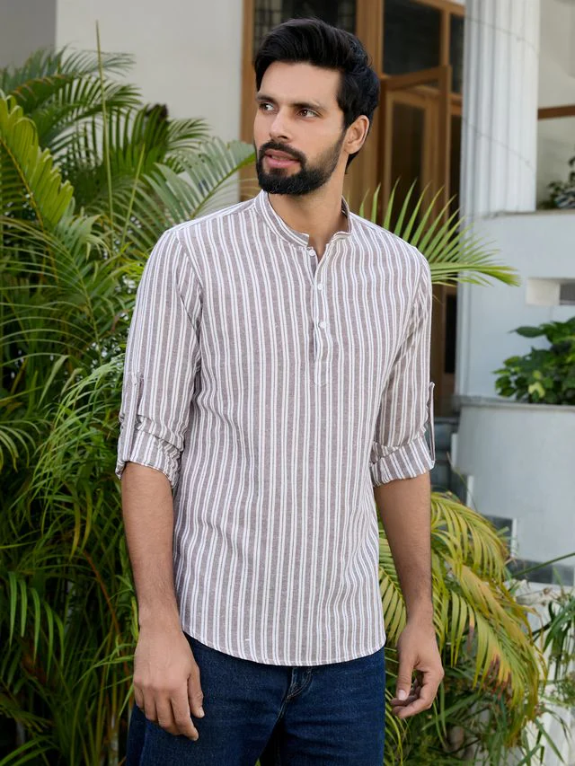 Men Brown Woven Striped Cotton Short Kurta - Image 4