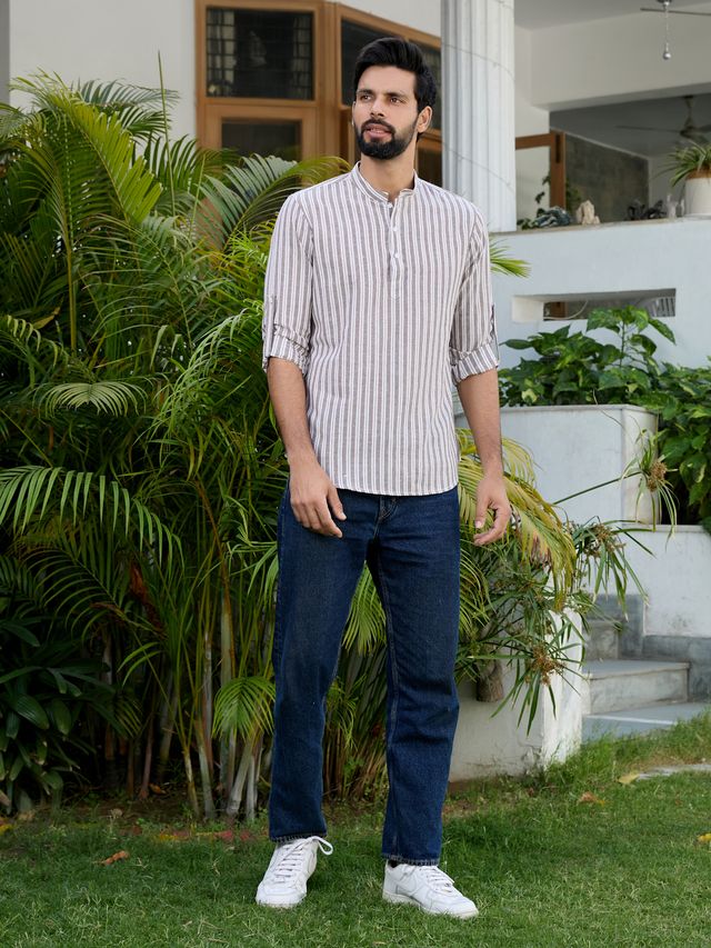 Men Brown Woven Striped Cotton Short Kurta - Image 5