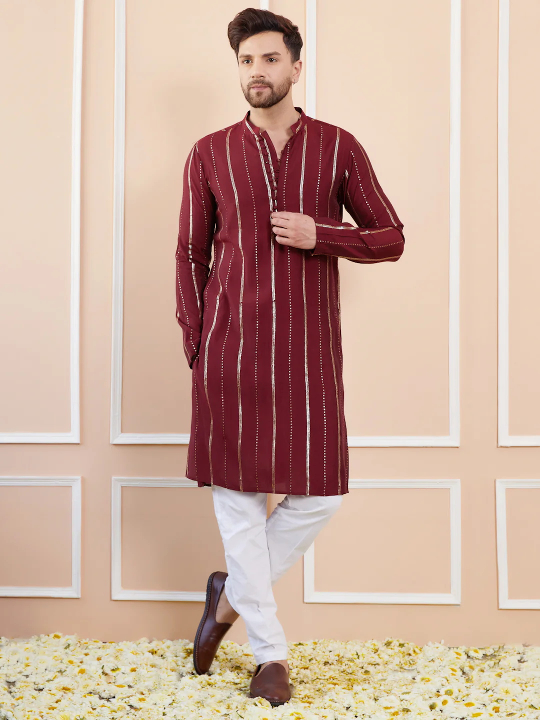 Men Burgundy And Gold Chanderi Silk Sequins Kurta