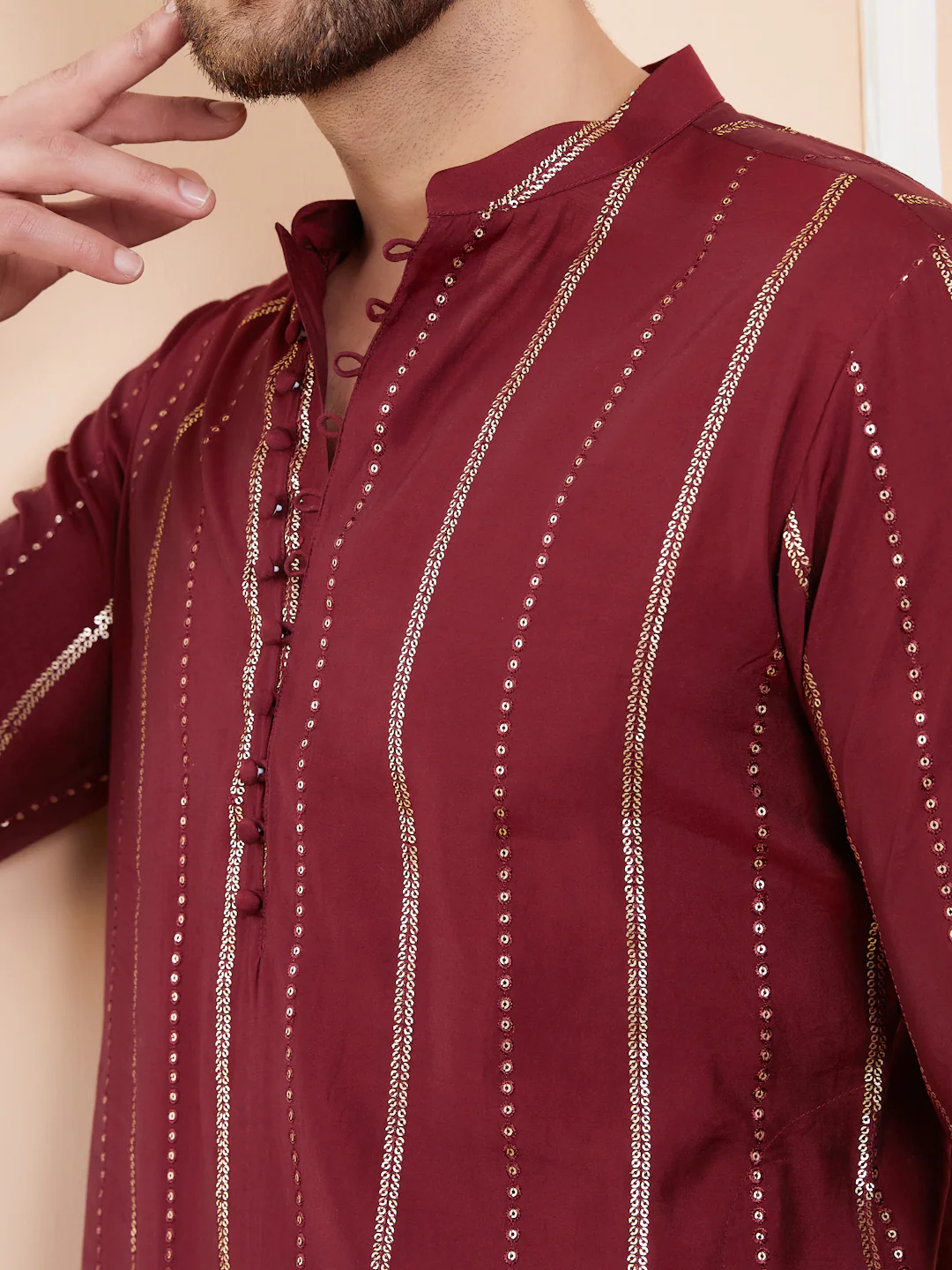 Men Burgundy And Gold Chanderi Silk Sequins Kurta - Image 2