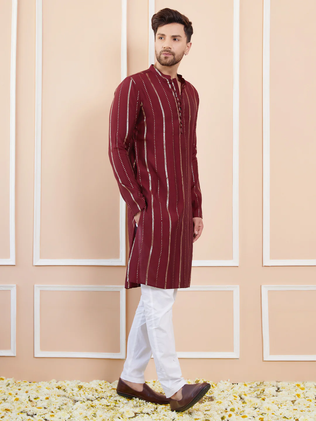 Men Burgundy And Gold Chanderi Silk Sequins Kurta - Image 3