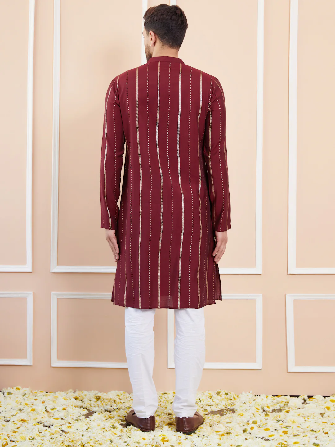 Men Burgundy And Gold Chanderi Silk Sequins Kurta - Image 4