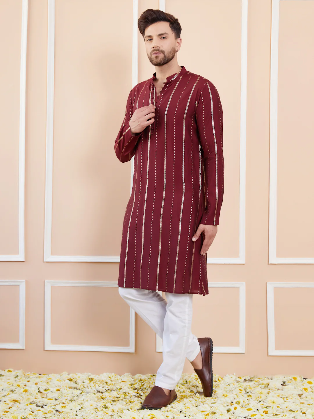 Men Burgundy And Gold Chanderi Silk Sequins Kurta - Image 5