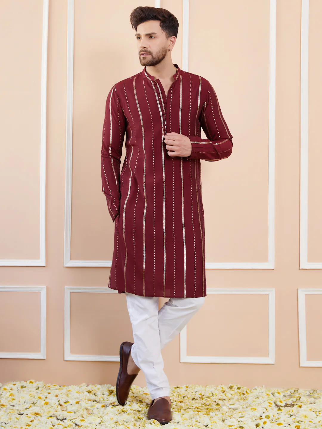 Men Burgundy And Gold Chanderi Silk Sequins Kurta - Image 6