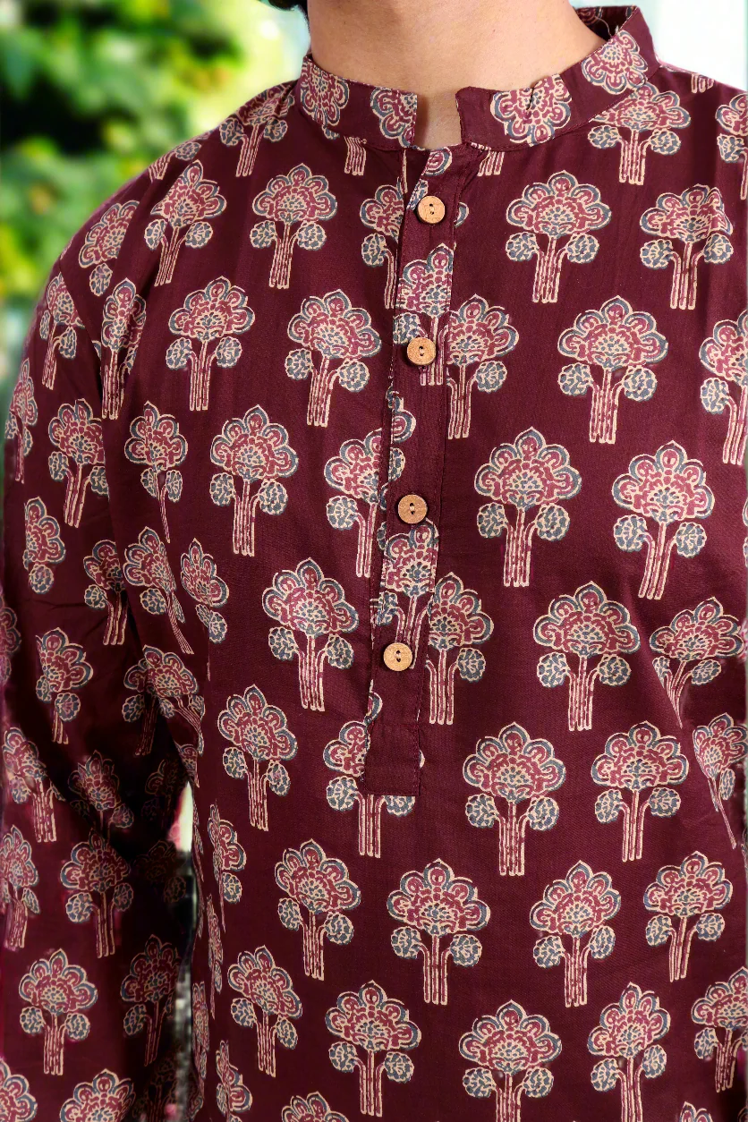 Men Burgundy Cotton ethnic motif Printed Straight Kurta - Image 2