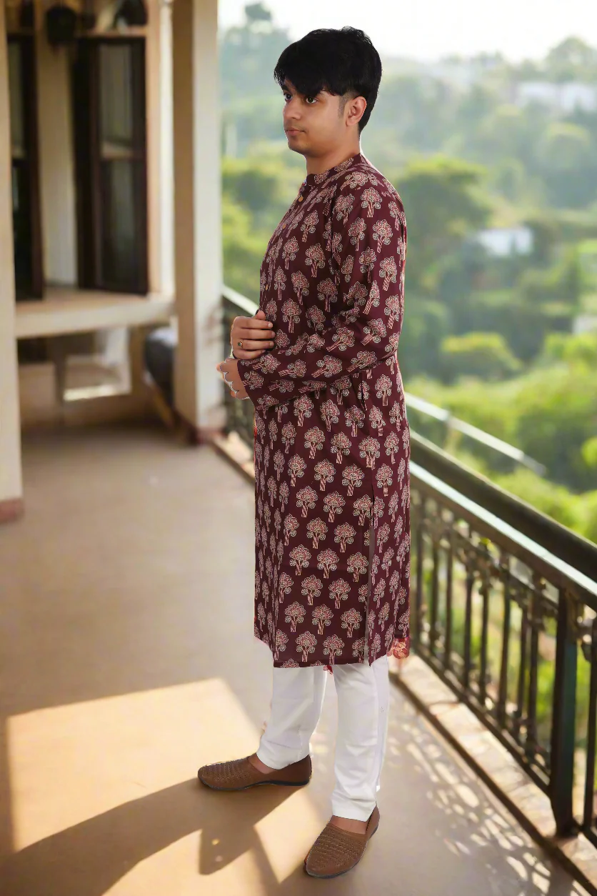 Men Burgundy Cotton ethnic motif Printed Straight Kurta - Image 3