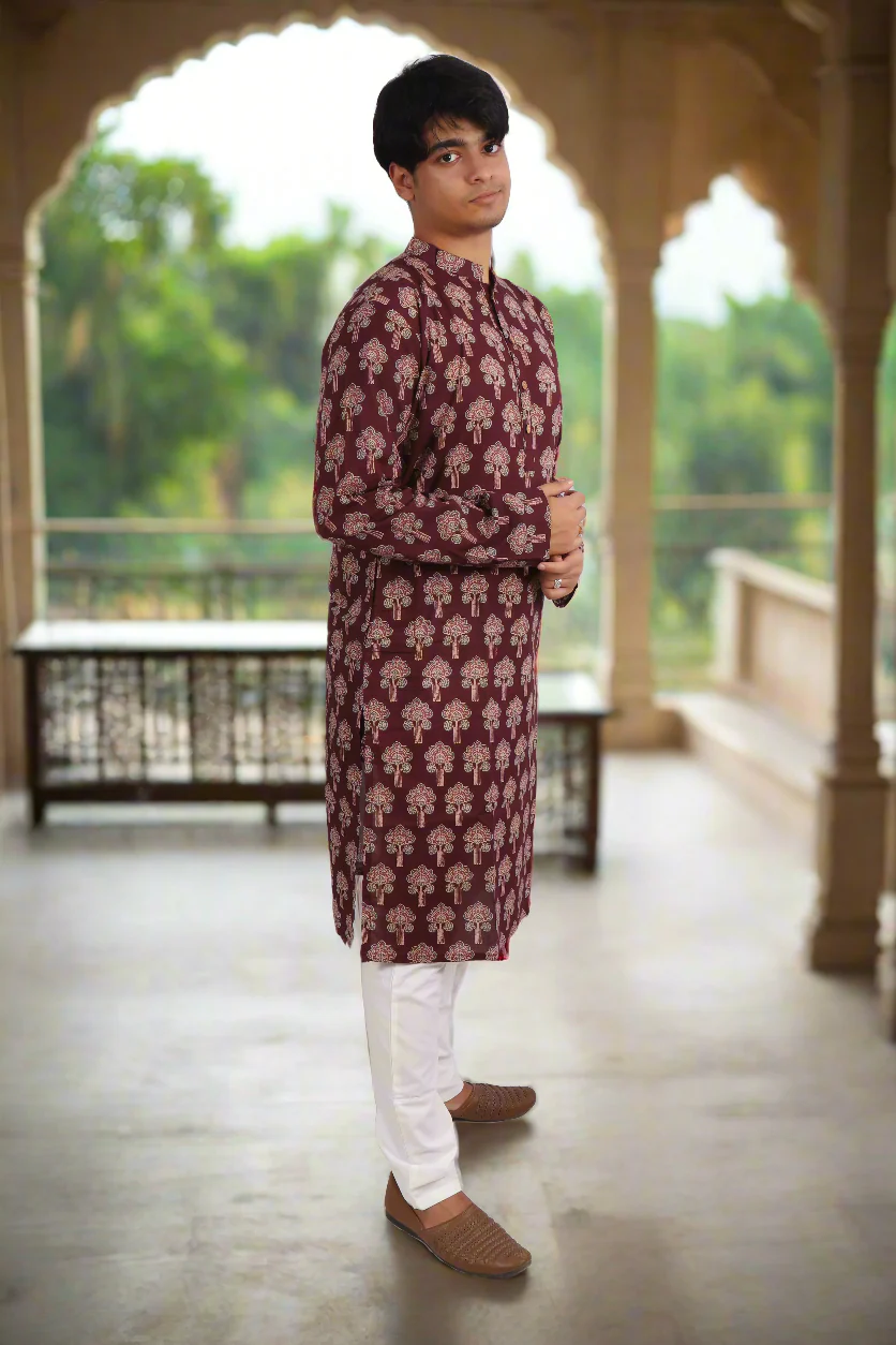 Men Burgundy Cotton ethnic motif Printed Straight Kurta - Image 4