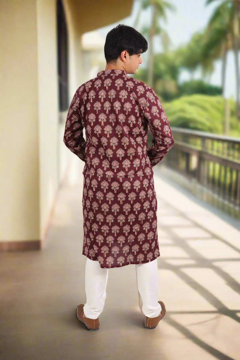 Men Burgundy Cotton ethnic motif Printed Straight Kurta - Image 5