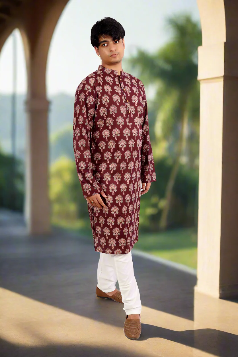 Men Burgundy Cotton ethnic motif Printed Straight Kurta - Image 6