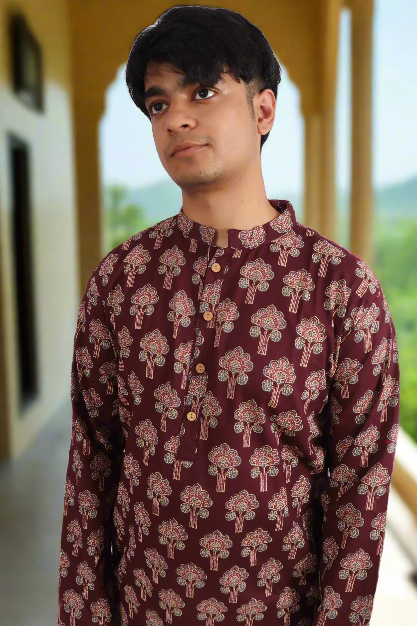 Men Burgundy Cotton ethnic motif Printed Straight Kurta - Image 7