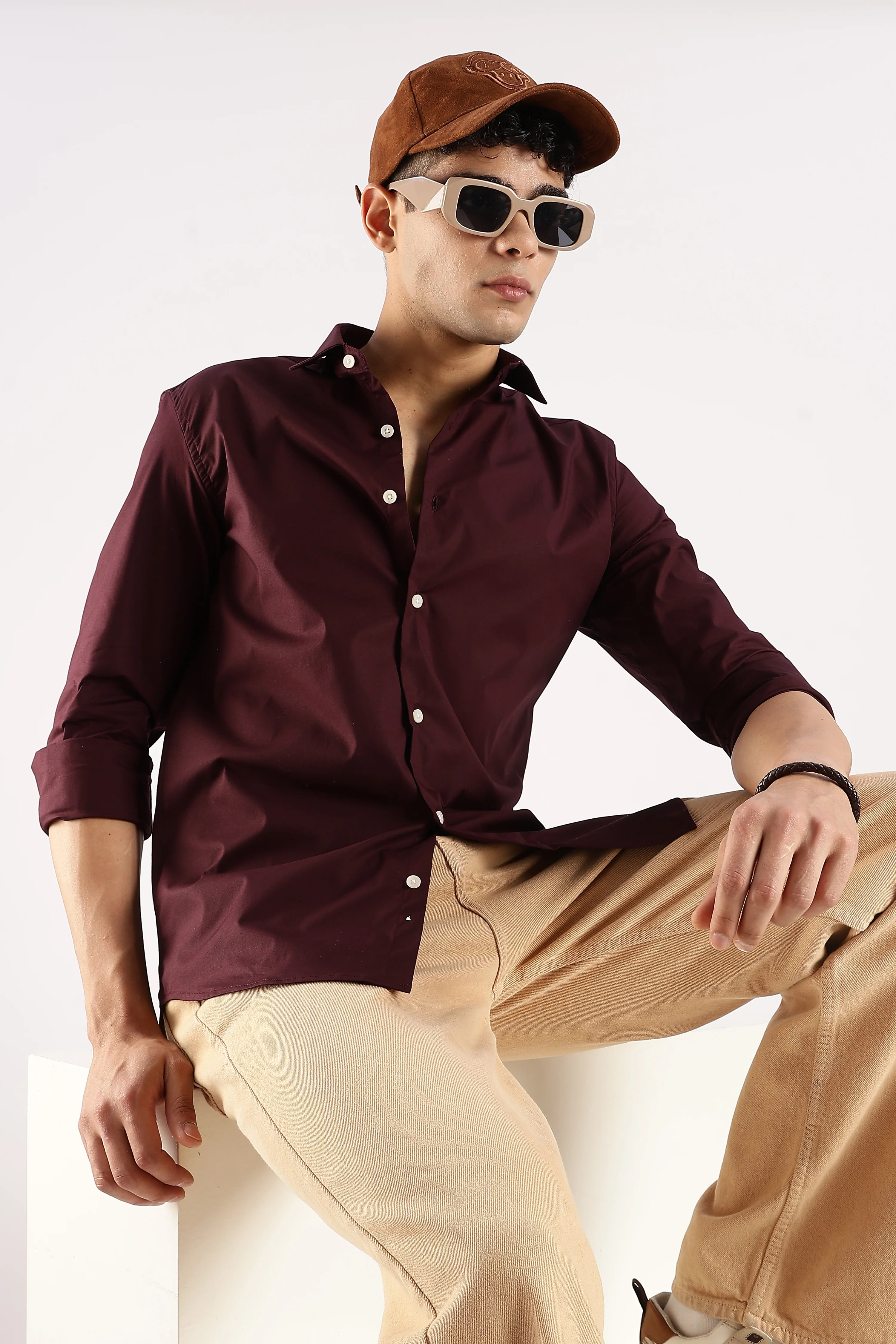 Men Burgundy Cotton Lycra Shirt - Image 10