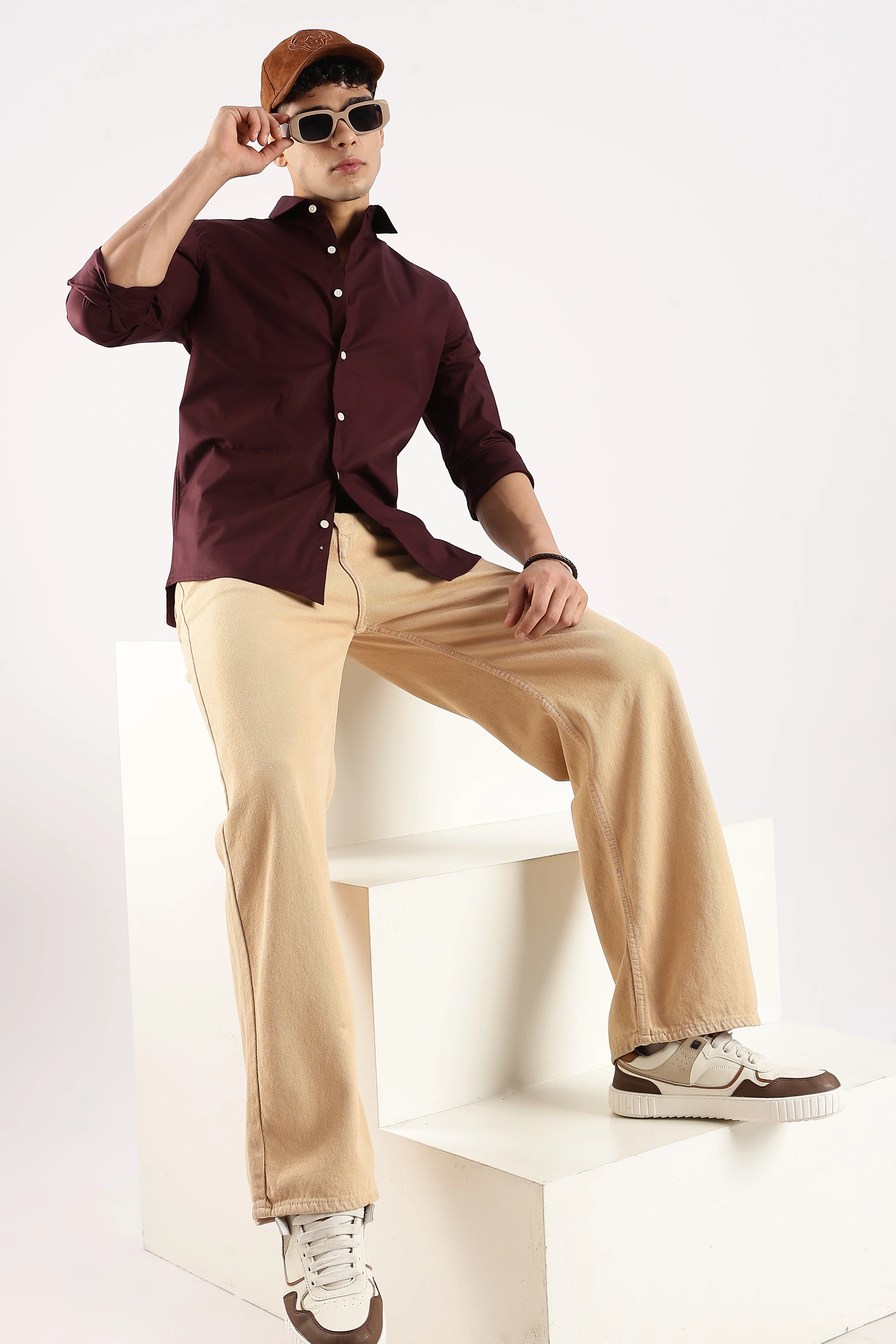 Men Burgundy Cotton Lycra Shirt - Image 9